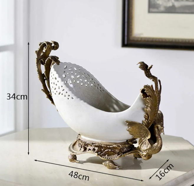 Classical Ceramic Inlaid Brass Decoration Fruit Plate, Dried Fruit Plates, Snacks Storage Tray for Home Living Room Decoration Ornament