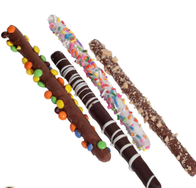 Chocolate Covered Pretzel Rods Gift Basket in Clear Tube (8 Count) Xmas Kwanzaa Birthday Sweet Treats - Assorted Candy Toppings - Kosher Dairy