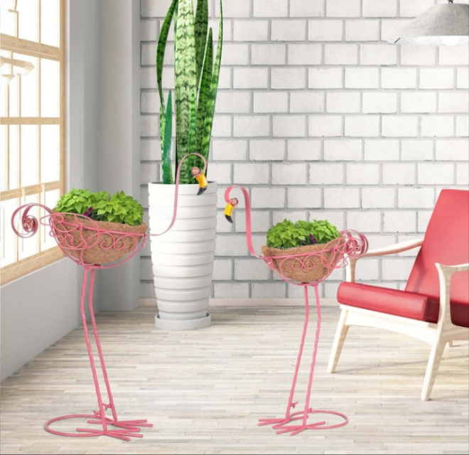 Set of 2 Pink Metal Flamingo Planters with Basket for Indoor Outdoor Garden Yard Decor