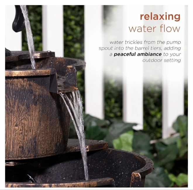 Outdoor Floor Rustic 2-Tiered Barrel and Pump Water Fountain, Old-Fashioned Fountain, 27", Bronze