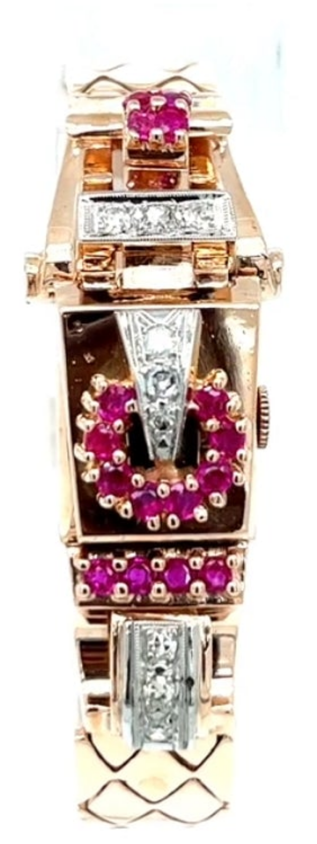 Stunning Retro Rose Gold, Diamond, and Ruby Manual Watch 0.18k