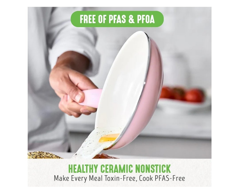 Soft Grip 16 Piece Cookware Set, Non-Toxic PFAS-Free Ceramic Nonstick, Frying, Sauce, Saute, Utensils, Glass Lids, Stay-Cool Handles, Wobble Free, Dishwasher & Oven Safe, Soft Pink