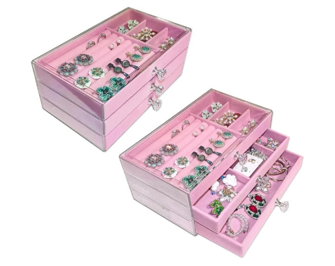 Clear Acrylic Velvet Jewelry Organizer with 3 Drawers, Stackable Display Storage Earrings Necklace Rings Bracelets Box Holder Case