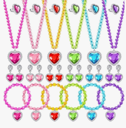 6 Set Princess Jewelry Dress Up Jewelry Princess Pretend Toy Jewelry Set with Necklace Bracelet Rings Earrings Princess Costume Jewelry Beaded Toy Necklace for Party Favors Costume (Colorful)