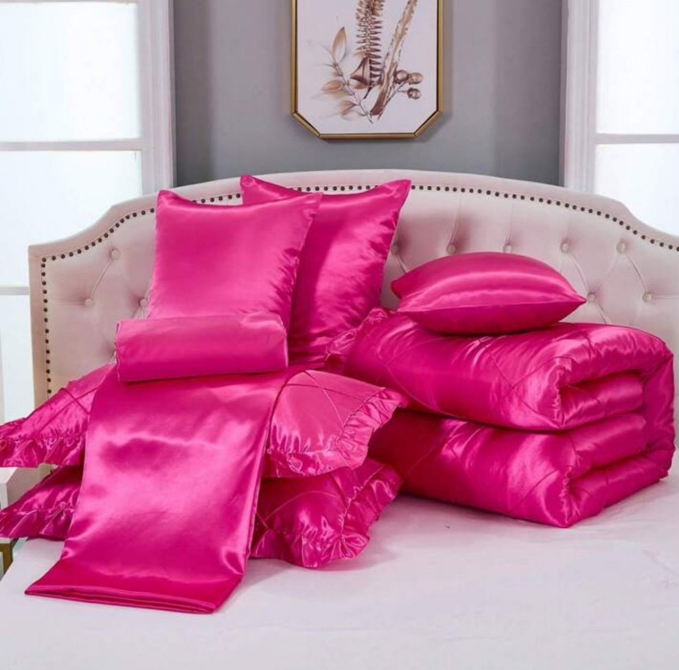 Satin Bed In A Bag 8 Pieces Queen Size Silk Like Hot Pink Comforter Set Luxury Silky Bedding Set Soft Pinch Pleat Comforter Set Cooling Sheet Set