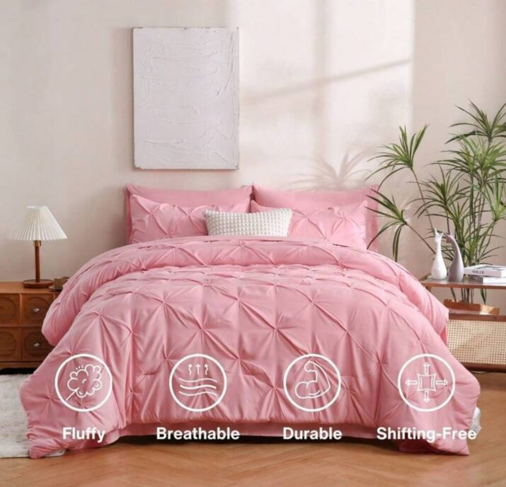 7pcs Bed In A Bag, Pinch Pleat Complete Bedding Sets With Comforter, Flat Sheet, Fitted Sheet And Pillowcases & Shams Queen/King Size