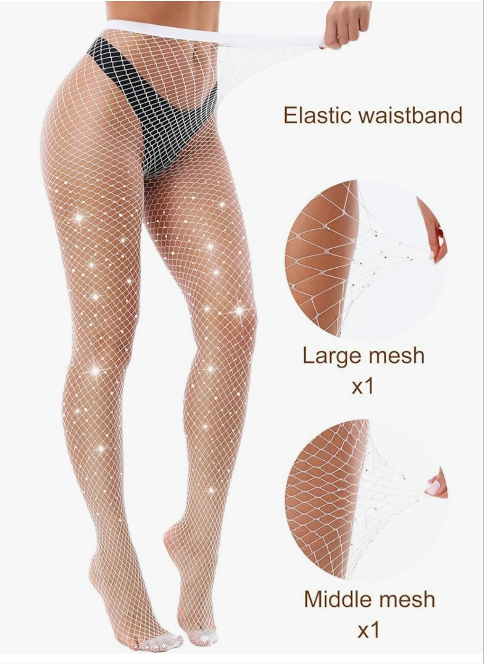 2 Pack Sparkly Large And Medium Mesh Fishnet Tights For Women Glitter Rhinestone Fishnets Stockings COCOMONEY