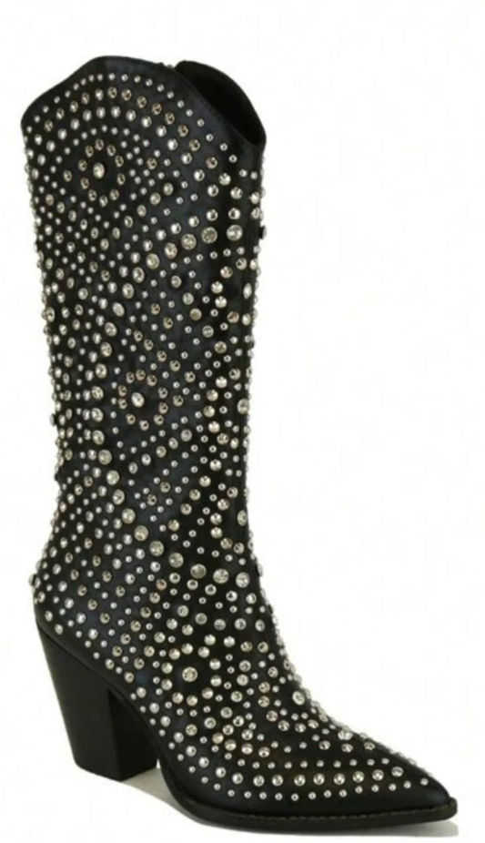 Rhinestone Western Knee-High Boots Point Toe Chunky Stacked Heel Party Boots