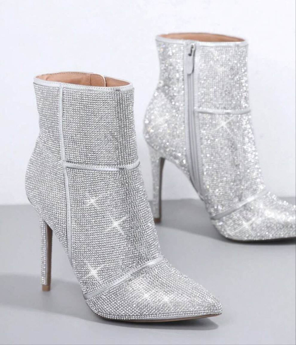 Rhinestone Side Zipper Stiletto Heeled Boots