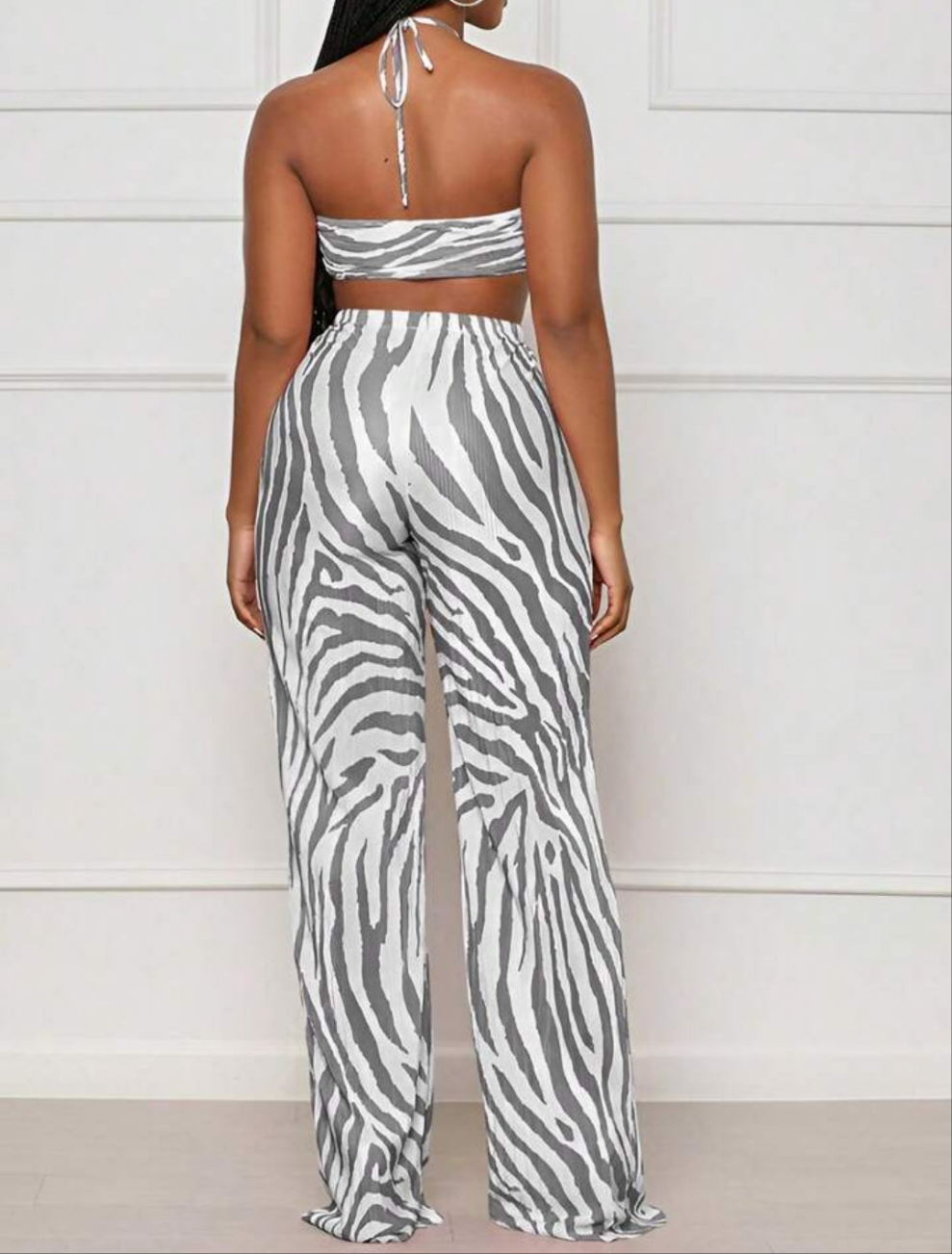 Zebra Striped Halter Top & Flare Leg Pants COCOMONEY 2 PIECE