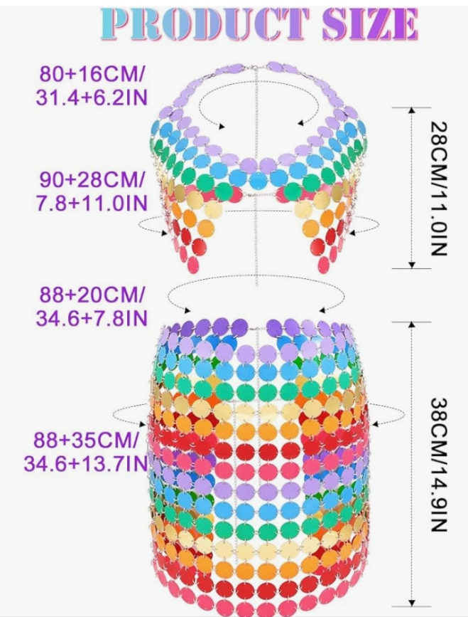 Rainbow Chain Skirt and Top Set Mirror Sequin Body Chain Bra Sparkly Blackless Crop Top Short Skirt for Rave Party Club