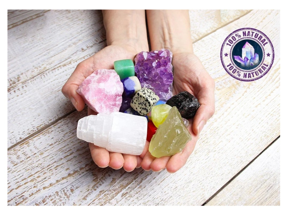 16 LARGE Natural Healing Crystals Set in Wooden Box - Tumbled, Rough & Raw Crystals, Including Selenite Tower, Black Tourmaline, Amethyst, Rose Quartz, Lapiz Lazuli, Citrine & Tiger's Eye