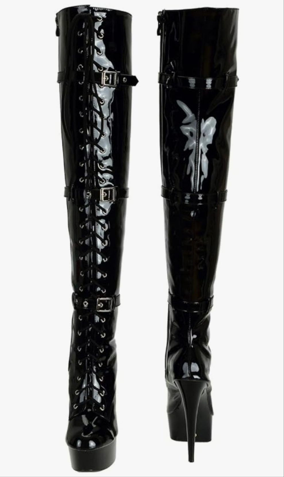 Patent Leather Thigh High 15CM Stiletto Heel Dancer Boots with Zipper Lace Up Club Party Cosplay Shoes