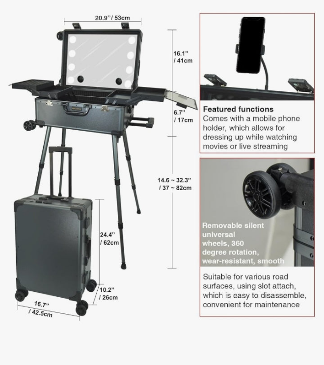 Rolling Makeup Train Case with Mirror and Lights Cosmetic Travel Box Mobile Barber Stations with Bluetooth, Speaker, Wheels, Stands