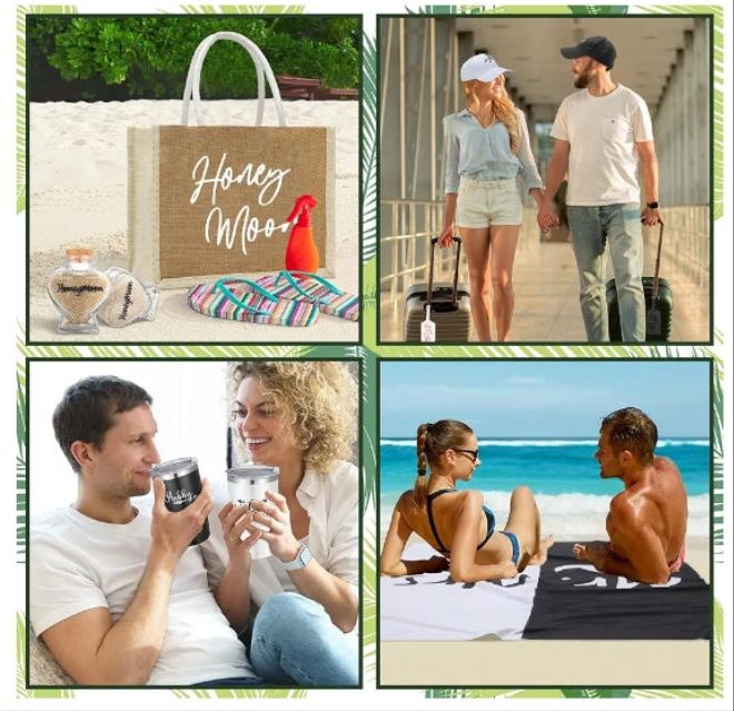 14 Pieces Wedding Gifts for Couple Mr and Mrs Honeymoon Gifts Bride and Groom Gifts Include Wedding Towels 20 oz Wine Tumbler Hat Passport Holder Baggage Tag Glass Bottle Honeymoon Tote Bag