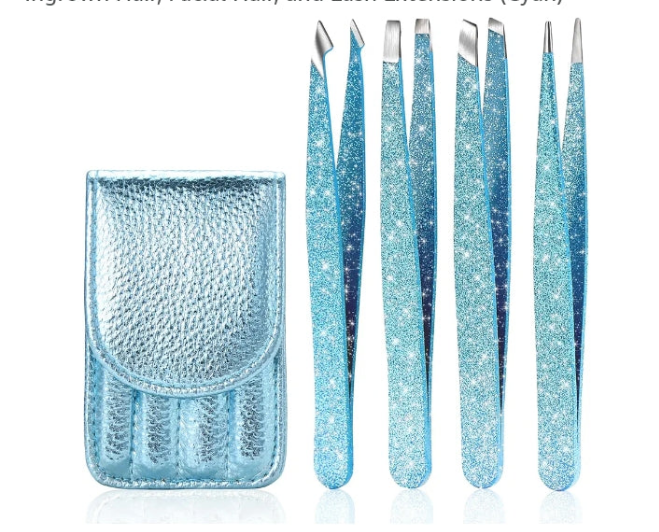 Glitter Tweezer Set 4-Piece Professional Stainless Steel Tweezers for Men and Women, Precision for Eyebrows, Ingrown Hair, Facial Hair, and Lash Extensions