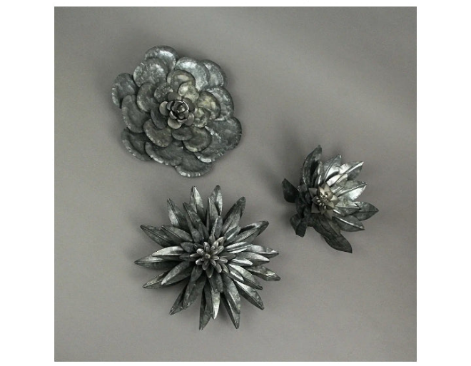 Set of 3 Galvanized Metal Flower Wall Hanging Sculptures Home Decor Floral Art 10 Inches High - Nature Accents for Country or Farmhouse - Easy Install