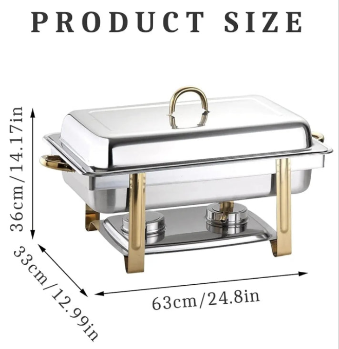 Gold Plated Square Chafing Dish & Food Warmers for Caterings Parties, Stainless Steel Commercial Catering Buffet Server Set