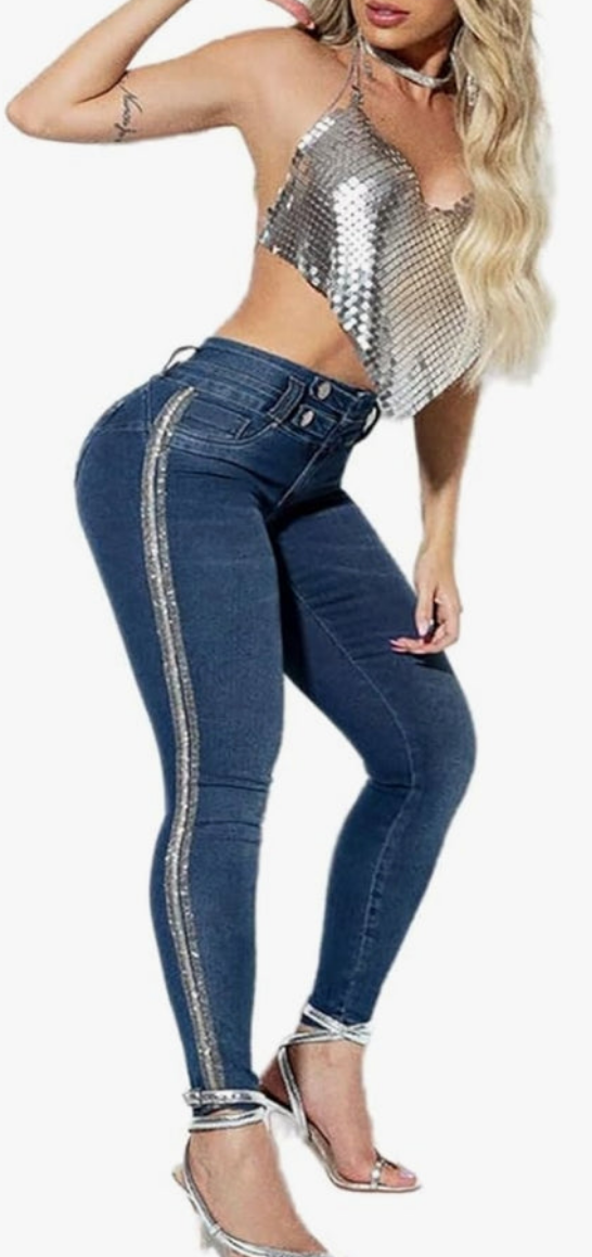 Sequin & Rhinestone Decor Dual Button Skinny Jeans High Waist Casual Pants