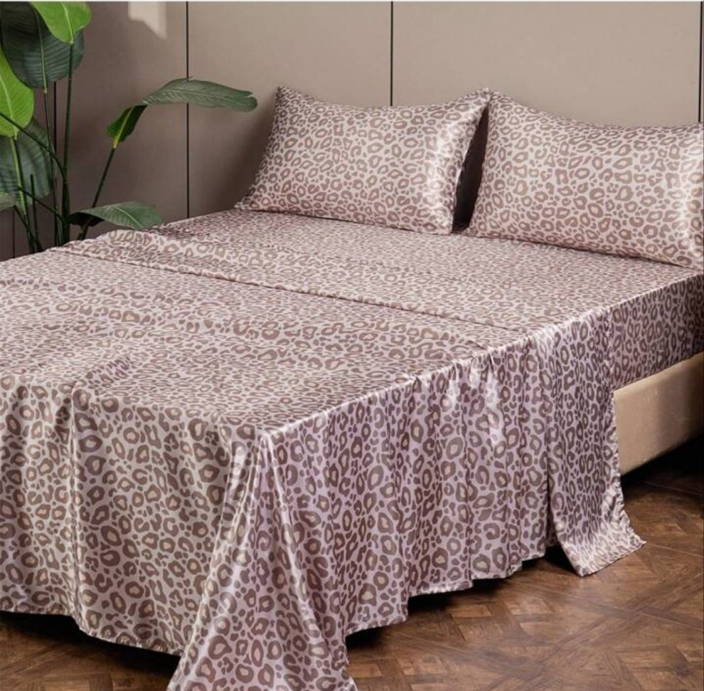 Luxury Satin Sheet Set Leopard Pattern Silky Bed Sheet With Fitted Sheet Pillowcase Ultra Soft Wrinkle Free