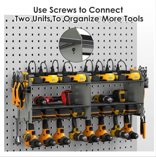 CCCEI Modular Power Tool Organizer Wall Mount with Charging Station. Garage 4 Drill Storage Shelf with Hooks, Drill Bit Heavy Duty Rack, Grey Tool Battery Holder Built in 8 Outlet Power Strip.