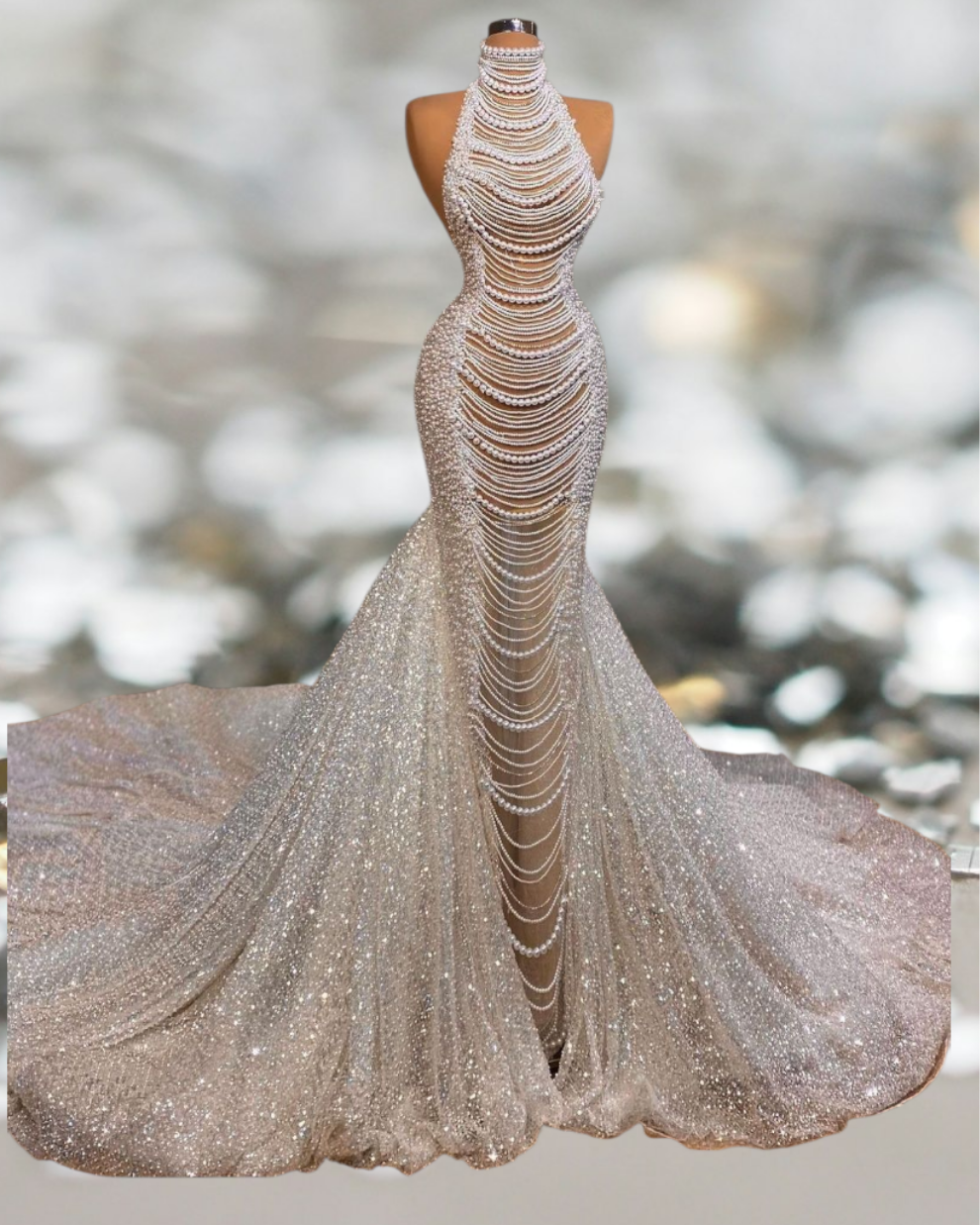 Long Mermaid Halter Beading Sleeveless Wedding Dress With Pearls