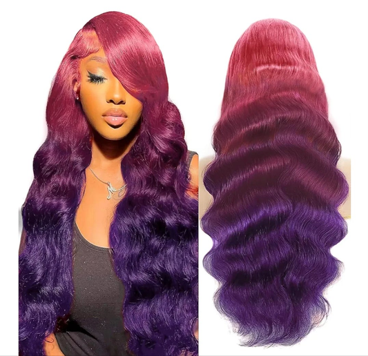 Purple Ombre 13x4 HD Lace Front Wig Human Hair Body Wave 3 Tone Pink to Purple Glueless Wigs Dark Pink Root Rainbow Colored Lace Frontal Wig 180% Density 22 Inch