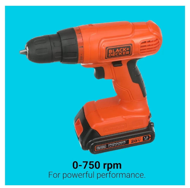 BLACK+DECKER 20V MAX* POWERCONNECT Cordless Drill Kit + 100 pc. Kit (BDC120VA100), Orange