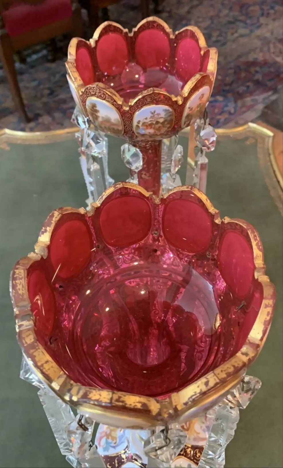 Pair of antique Moser Bohemian cranberry overlay hand painted lusters, circa 1900s cranberry glass