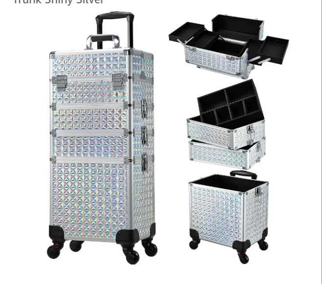 Rolling Makeup Train Case Large Storage Cosmetic Trolley 4 in 1 Large Capacity Trolley Makeup Travel Case with Key Swivel Wheels Salon Barber Case Traveling Cart Trunk