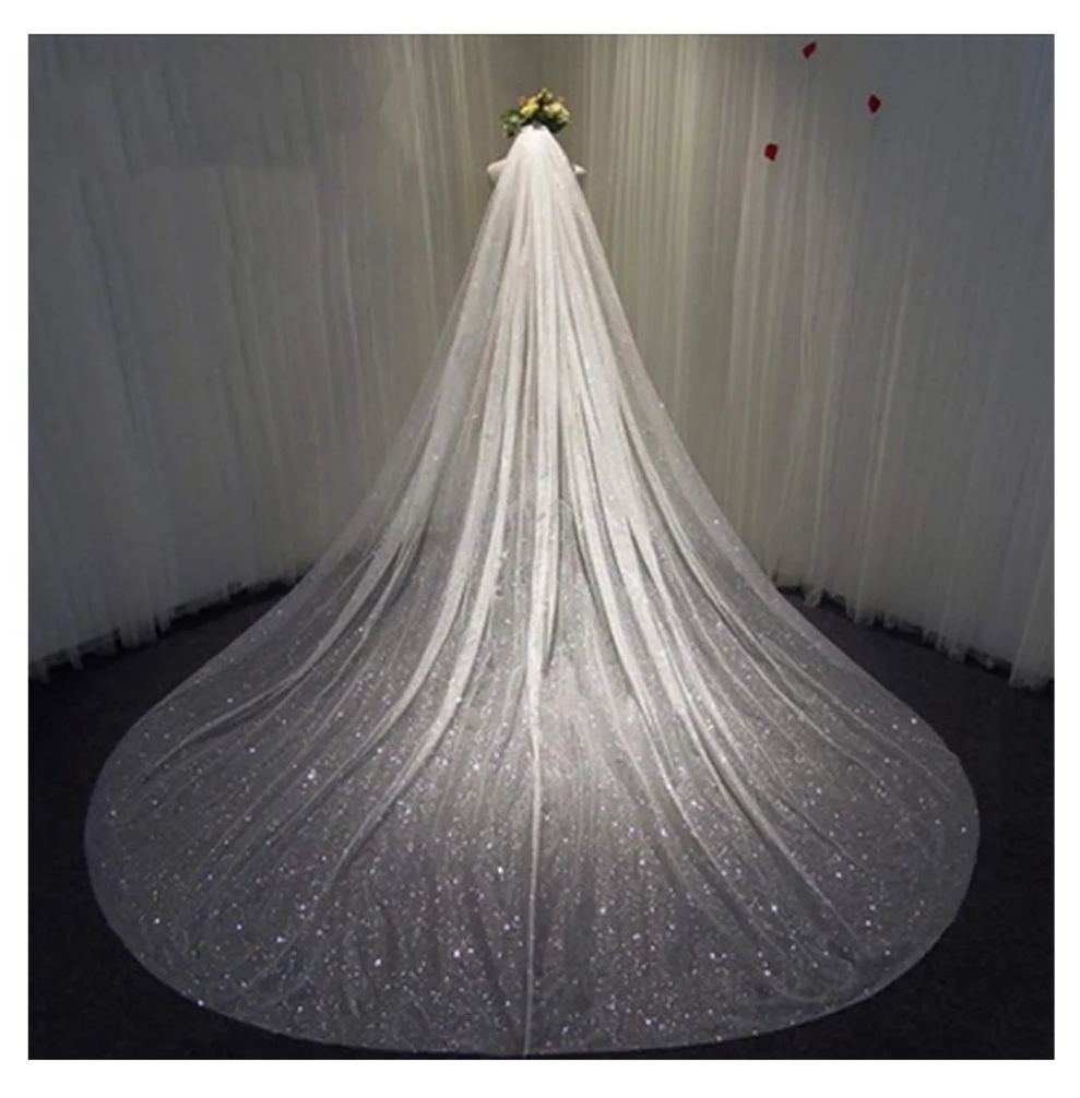 Cathedral 1 Tier Bride Wedding Veil Sparkling Long Bridal Tulle Veil with Comb Drop Veil Cut Edge for Bride (118''W,