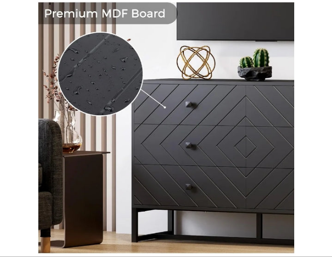 Black Dresser for Bedroom with 6 Drawers, Wood Dresser with Metal Handles, Wide Chest of Drawers, 6 Drawer Dresser for Living Room, Entryway, Hallway