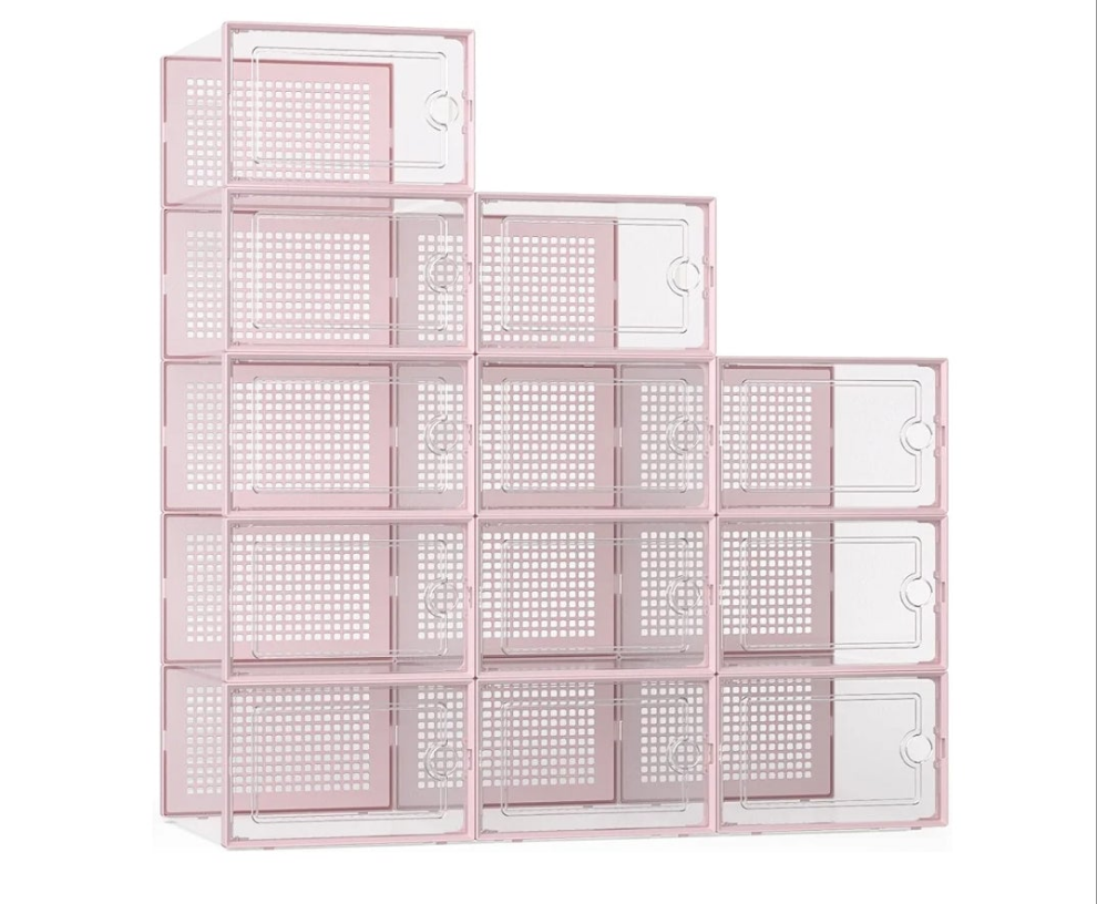 Pink X-Large Shoe Storage Boxes Organizers Clear Plastic Stackable 12 Pack, Shoe Rack & Holder Substitute, Sneaker Containers, Toy Storage Organizer Bins for Entryway, Closet, Under Bed,