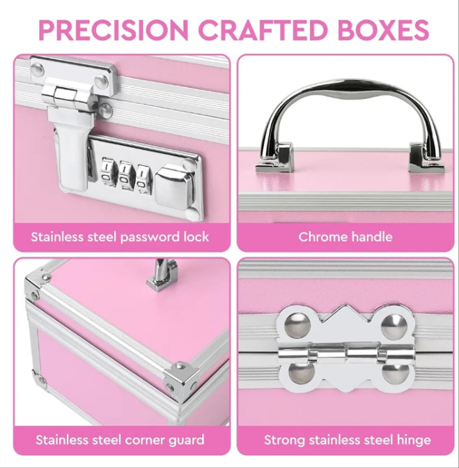 Safe Locking Box With 6 Accessories, Aluminum Medicine Case for Home and Travel,Childproof Pill Box Organizer, Lock box for Valuables, 7.66''x 5.12''x 4.13'' (Pink Set)