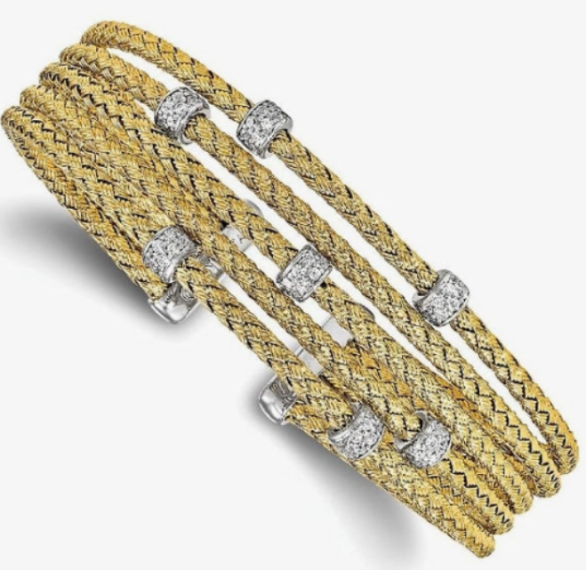 925 Sterling Silver Gold-tone CZ Woven Flexible Cuff Bangle Bracelet