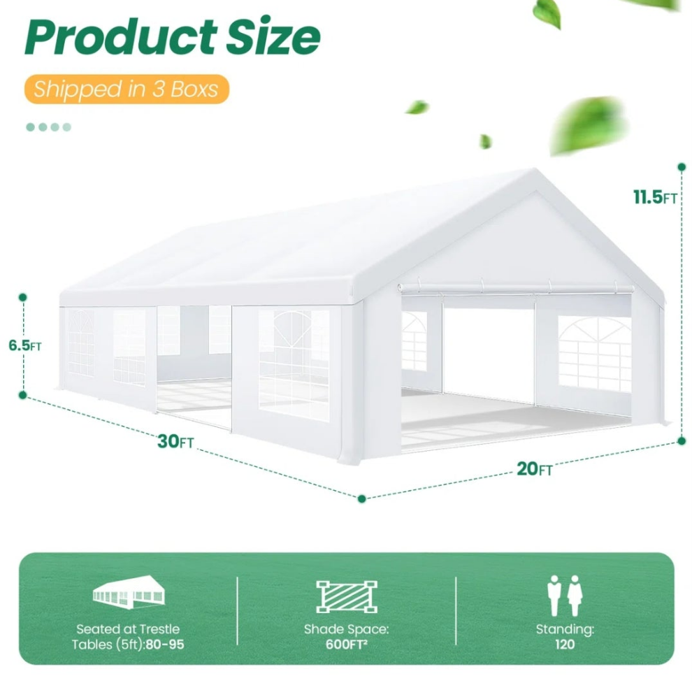 20'x30' Heavy-Duty Party Tent - Waterproof with Removable Walls & Sandbags for Weddings, Events parties Birthdays