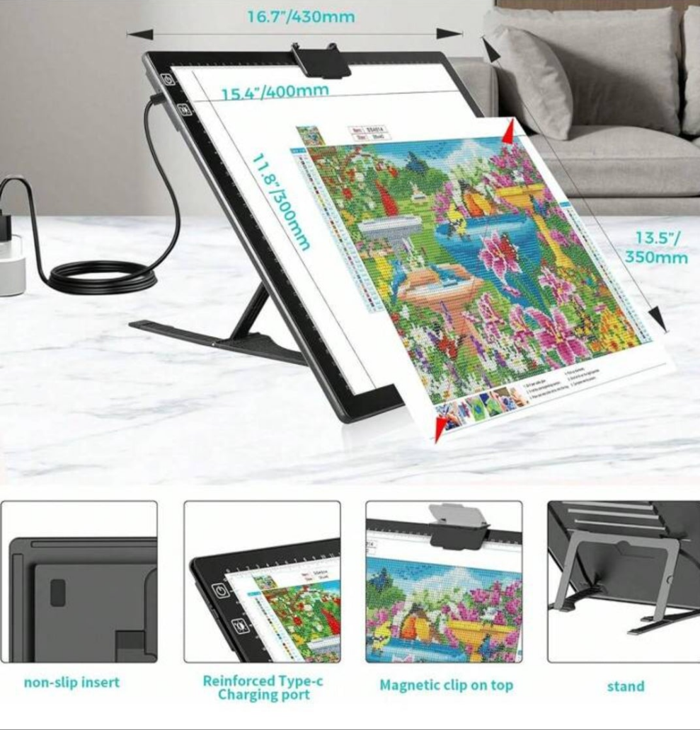 Rechargeable A3 Light Pad For Diamond Painting,Tracing Light Box With Stand And Clip,3 Colors Stepless Dimmable And 6 Levels Of Brightness Light Board For Artists,Drawing,Sketching,Animation