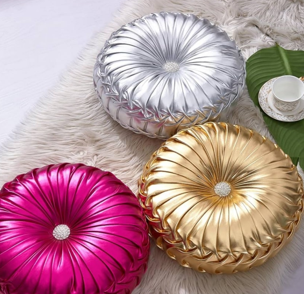 Round Throw Pillows,Pumpkin Pleated Handmade Metallic Throw Pillows,Hot Pink Throw Pillow,Modern Leather Decorative Pillowcases for Home Decor Bedroom Living Room Couch Bed Sofa 15×15 inches