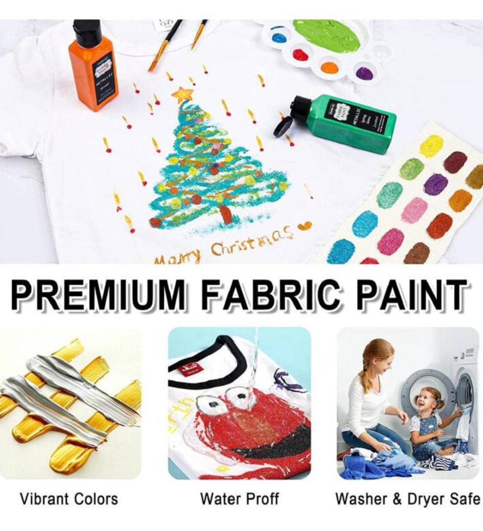 Metallic Fabric Paint, Shuttle Art 18 Metallic Colors Permanent Soft Fabric Paint in Bottles (60ml/2oz) with Brush and Stencils, Non-Toxic Textile Paint for Jeans, Bags & DIY Projects