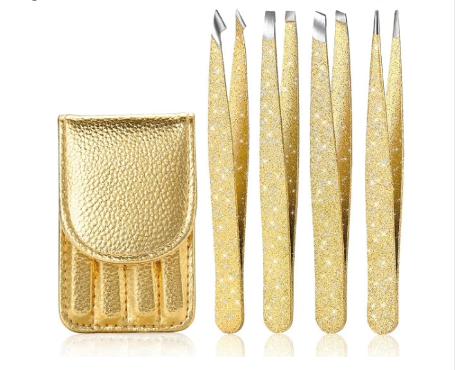 Glitter Tweezer Set 4-Piece Professional Stainless Steel Tweezers for Men and Women, Precision for Eyebrows, Ingrown Hair, Facial Hair, and Lash Extensions