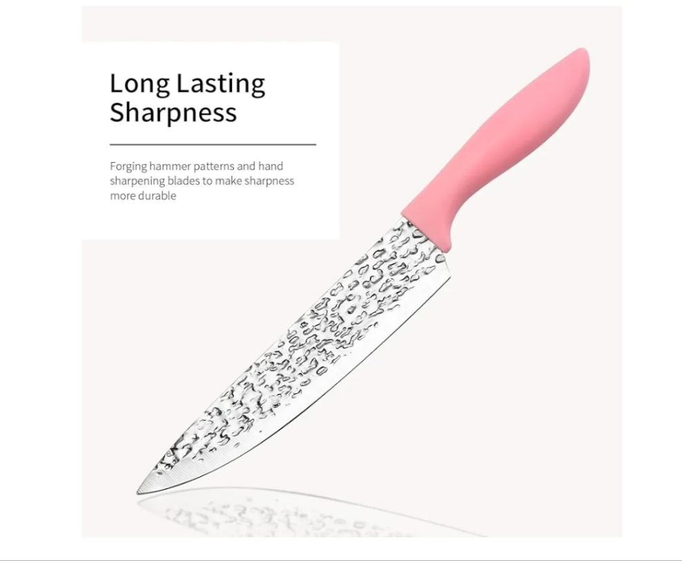 Kitchen Knife Set Non Stick Knives with Storage Serrated Steak Knife, Chef Knife, Bread Knife, Scissors, Sharpener, 15Pcs Sharp Cutlery Block Sets for Home & Pro Use Pink Handle Stainless Steel Blade