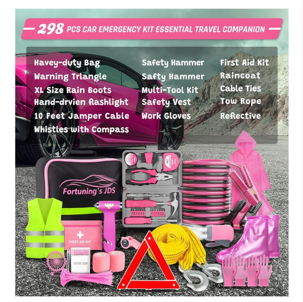 298PCS Roadside Emergency Car Kit- Car Emergency Kit with Jumper Cables, Roadside Emergency Kit for Vehicles, Emergency Car Kit, Car Safety Kits, Gloves,Tow Strap,Tool Kit,Reflective Warning Triangle