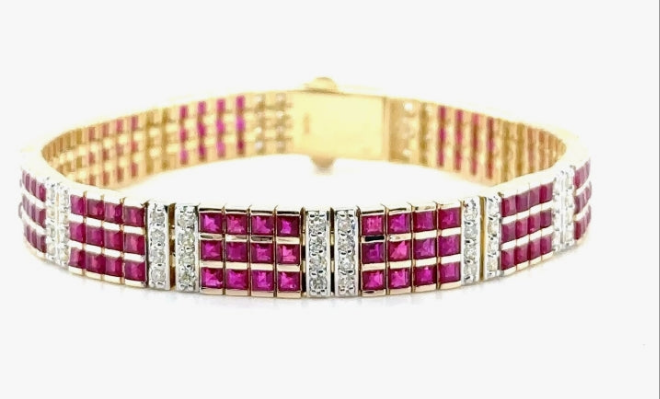 COCOMONEY Gold Ruby and Diamond Tennis Bracelet, 12.18 ct Rubies, 1.92 ct Diamonds, Buckle Closure