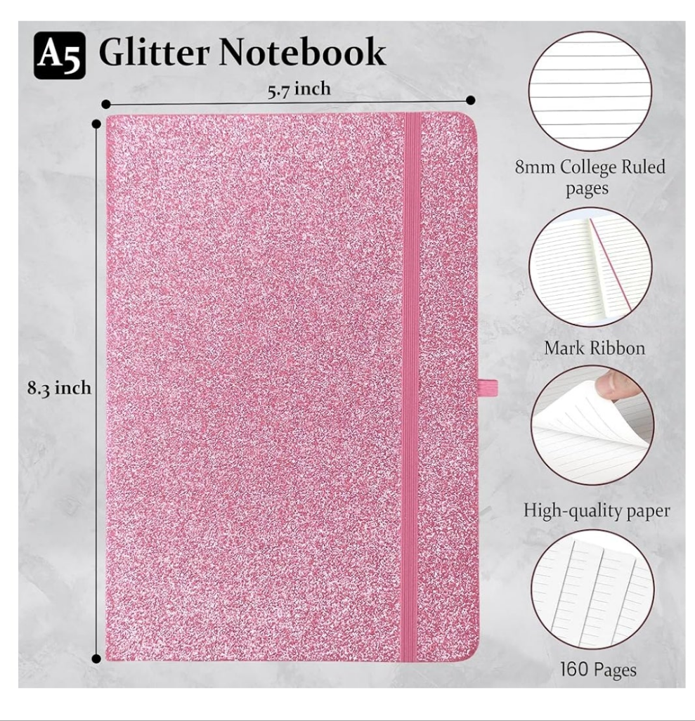 2pk Glitter Notebook, A5 Set of 2 College Ruled Notebooks, Journal for Girls Women School Supplies, Diary, Office, Gifts Notebooks