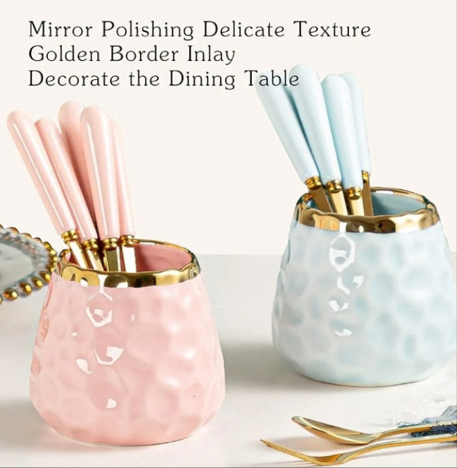 Dessert Fork set, Ceramic Jar with 8 Small Forks, Salad, Fruit, Party, Cake, Camping Cutlery set (Pink Ceramic Jar+4 Spoons+4 Forks)