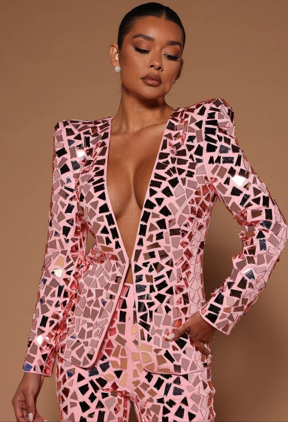 COCOMONEY Deep V Neck Mirror Sequin Two Piece Pant Set