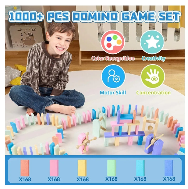 VigorFun 1000+ PCS Dominoes Set for Kids - Wooden Dominos with Extra Blocks and Storage Bag, Building Stacking Game Toys for 3+ Year Old Boys Birthday Gifts