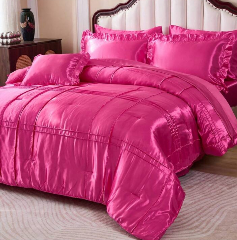 Satin Silky Comforter Set,Queen Size 8 Pcs Grid Pleated Silk Like Bed In A Bag Bedding, Down Alternative Bedding Sets For All Season,Luxury Silky Bedding With Sheets And Cushion Cover