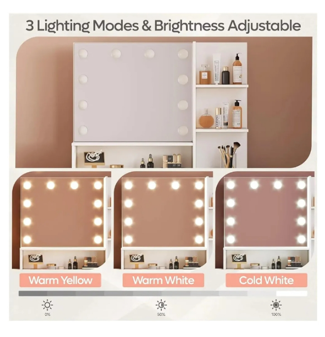 Vanity Desk with Mirror and Lights, Makeup Vanity with Wider Cushioned Stool, Vanity Set with USB Power Outlet, 3 Drawer,White (White One Size)