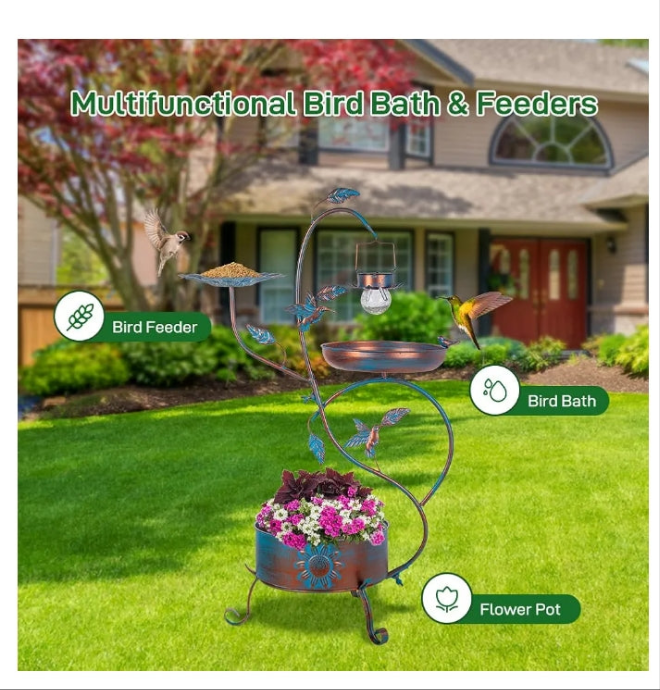 Metal Bird Bath for Outside, Birdbaths Outdoors with Planter and Feeder, Garden Blue Bird Baths with Solar Lights